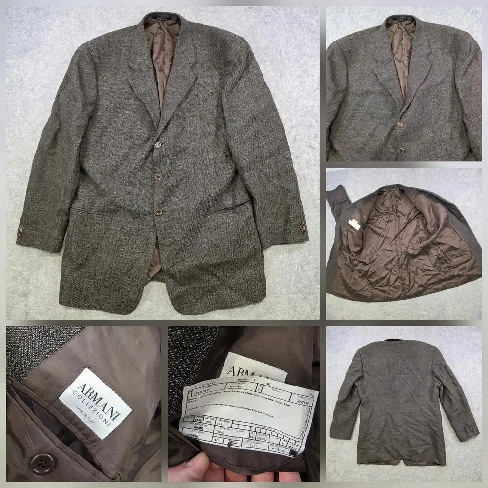 Armani Collezioni Blazer‎ Mens 46 Brown Herringbone Wool Silk Sport Coat Italy